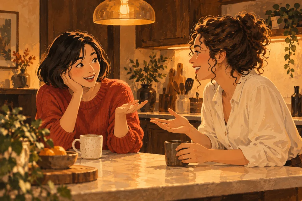 友人の話に驚きながら笑う日常会話のイラスト